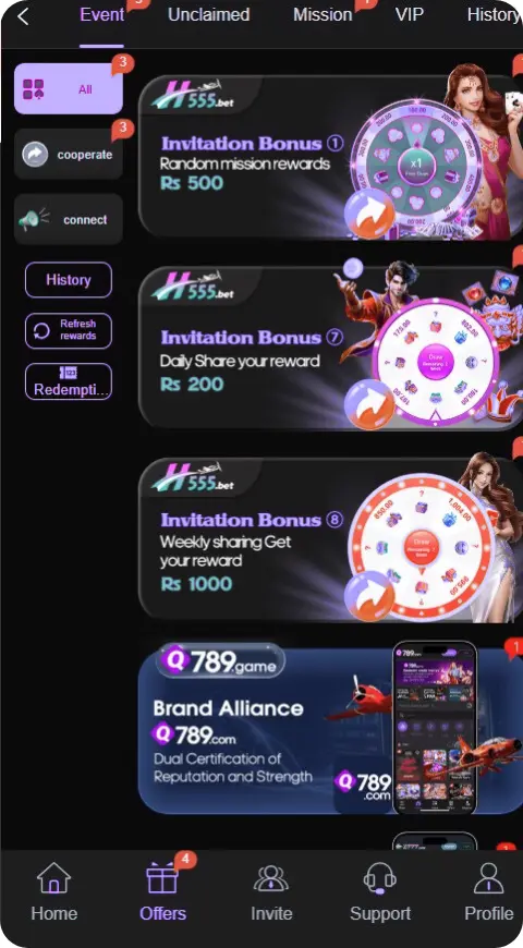 Different bonuses in H555 download APK