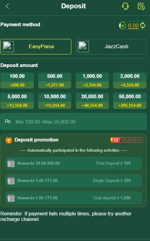 UK777 Deposit Methods in Pakistan